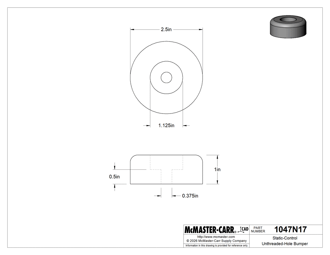 Technical Drawing of Static-Control Unthreaded-Hole Bumper, 2-1/2" OD x 1" High.